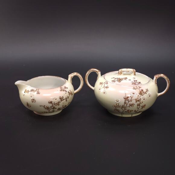 MCM Japanese Porcelain Embossed Floral Design Sugar & Creamer Set Gold Trim - Picture 1 of 11